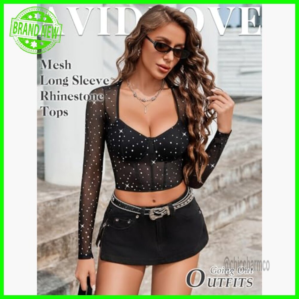 Long Sleeve Mesh Crop Top with Sparkle Square Neck Y2K Style - Picture 2 of 7